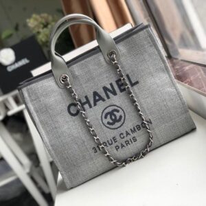 Chanel Deauville Tote 38cm Raffia Canvas Bag Fall/Winter Collection Light Grey/Black