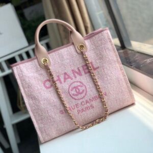 Chanel Deauville Tote 38cm Raffia Canvas Bag Fall/Winter Collection Dusty Pink/White