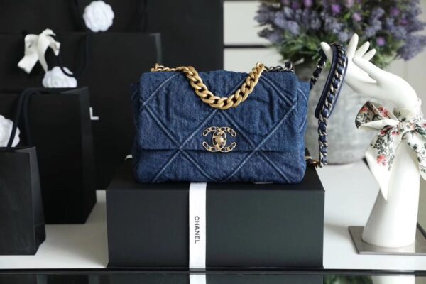 Chanel 19 Flap Bag 26cm Goatskin Leather Spring/Summer Act 1 Collection, Blue Jean - Image 3