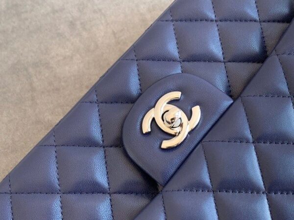 Chanel Classic Flap Bag Silver Hardware Lambskin Leather Spring/Summer Collection Navy Blue - Image 9