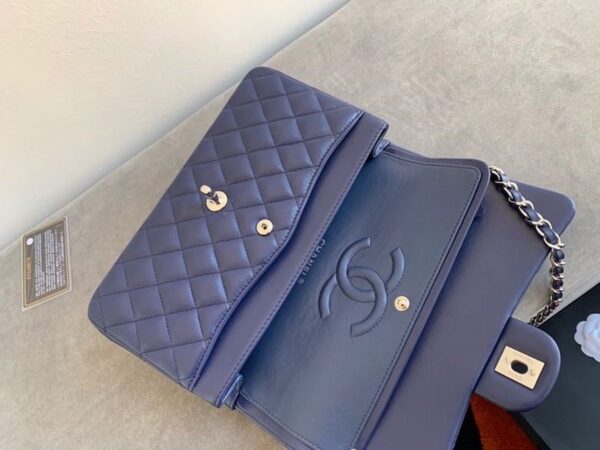 Chanel Classic Flap Bag Silver Hardware Lambskin Leather Spring/Summer Collection Navy Blue - Image 8