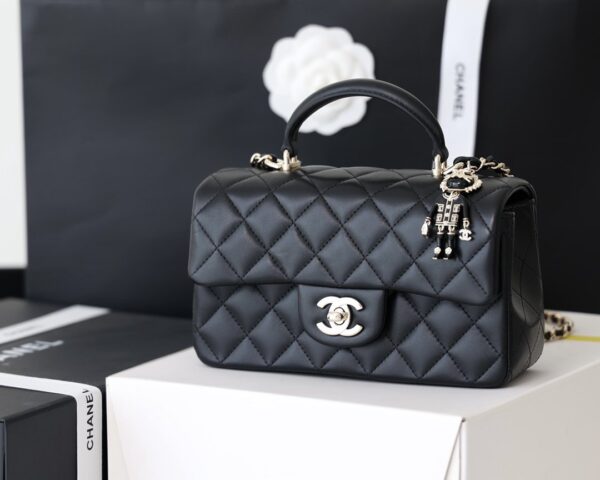 Chanel Mini Flapbag With Top Handle AS2431 20cm Black - Image 7