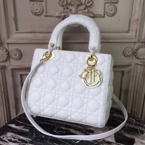 Christian Dior Lady Dior Bag 24cm Gold Hardware Lambskin Leather Spring/Summer Collection White