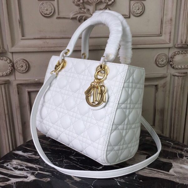 Christian Dior Lady Dior Bag 24cm Gold Hardware Lambskin Leather Spring/Summer Collection White - Image 3