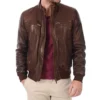 John Hunter Men’s Brown Lambskin Leather Bomber Motorcycle Jacket