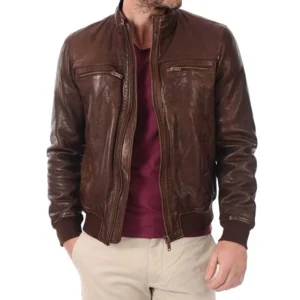 John Hunter Men’s Brown Lambskin Leather Bomber Motorcycle Jacket