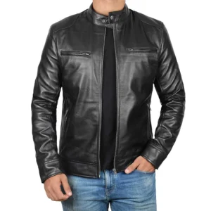 Dodge Black Fitted Real Leather Biker Jacket Men’s