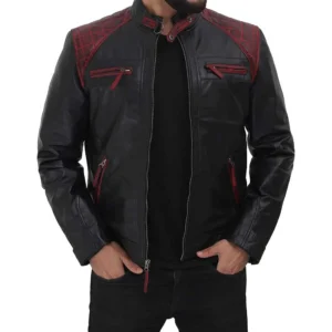 Rollins Black and Maroon Lambskin Leather Moto Biker Jacket Men