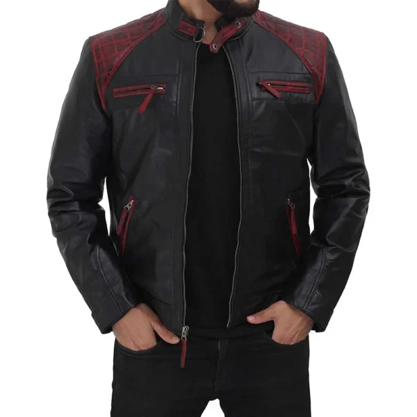 Rollins Black and Maroon Lambskin Leather Moto Biker Jacket Men