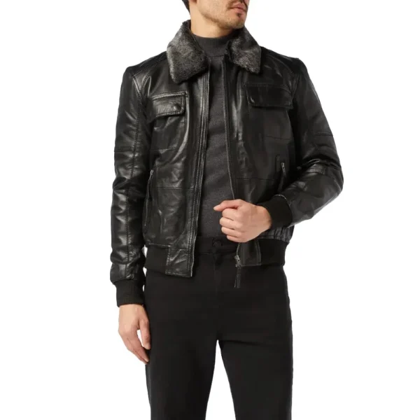Men’s Black Leather Bomber Jacket with Fur Collar - Image 3