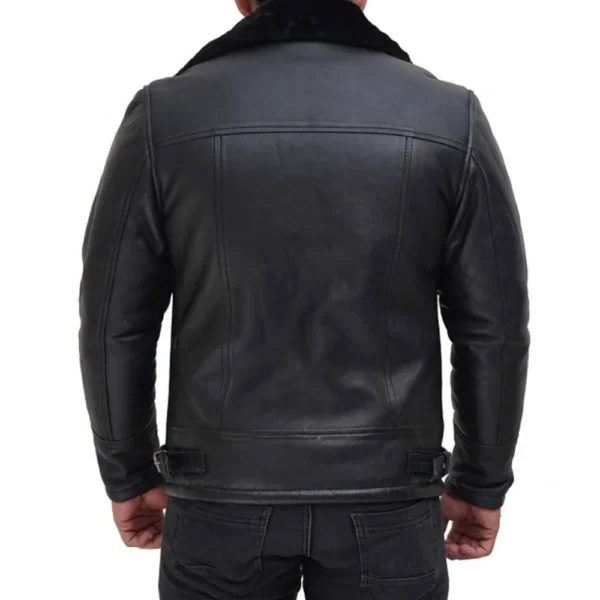 Men’s Black Leather Jacket with Fur Collar - Image 2