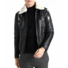 Black Leather Jacket with White Fur Collar - Image 4