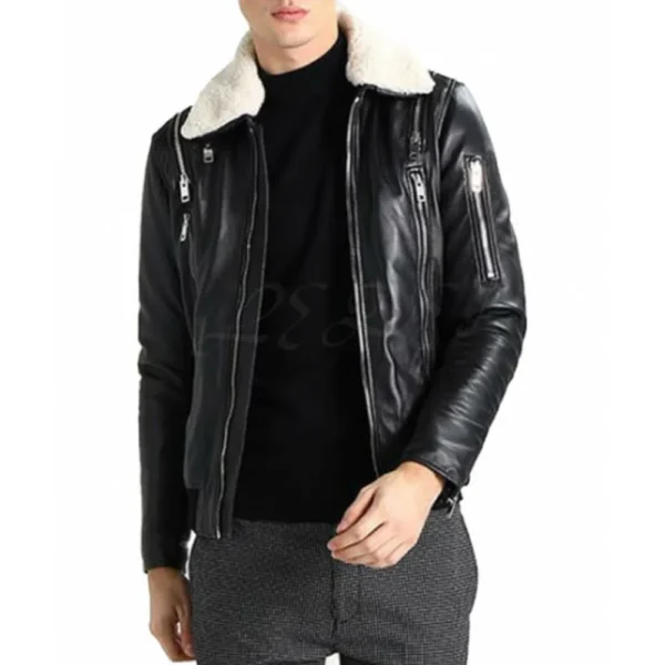 Black Leather Jacket with White Fur Collar - Image 4