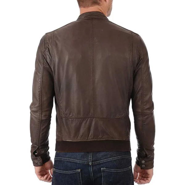 John Hunter Men’s Brown Lambskin Leather Bomber Motorcycle Jacket - Image 3