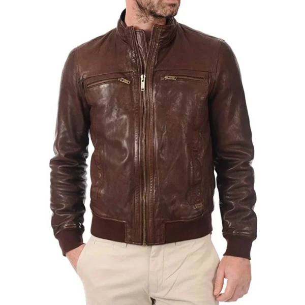 John Hunter Men’s Brown Lambskin Leather Bomber Motorcycle Jacket - Image 2