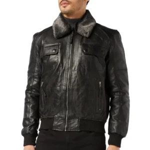 Men’s Black Leather Bomber Jacket with Fur Collar