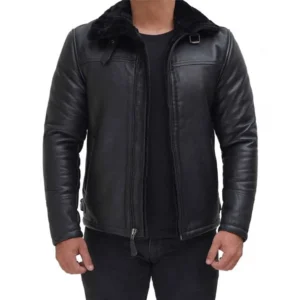 Men’s Black Leather Jacket with Fur Collar
