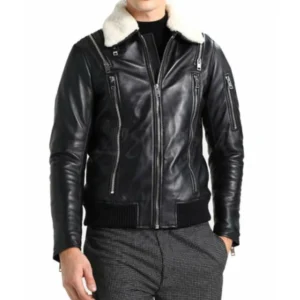 Black Leather Jacket with White Fur Collar