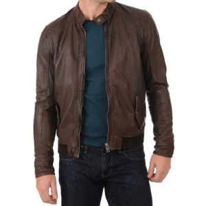 John Hunter Men’s Brown Lambskin Leather Bomber Motorcycle Jacket