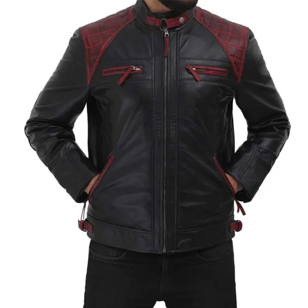 Rollins Black and Maroon Lambskin Leather Moto Biker Jacket Men - Image 4