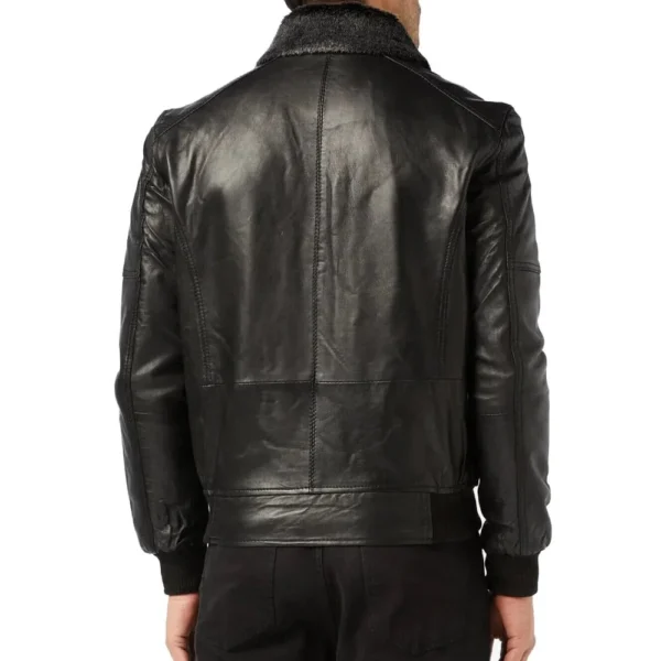 Men’s Black Leather Bomber Jacket with Fur Collar - Image 2