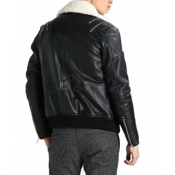 Black Leather Jacket with White Fur Collar - Image 3