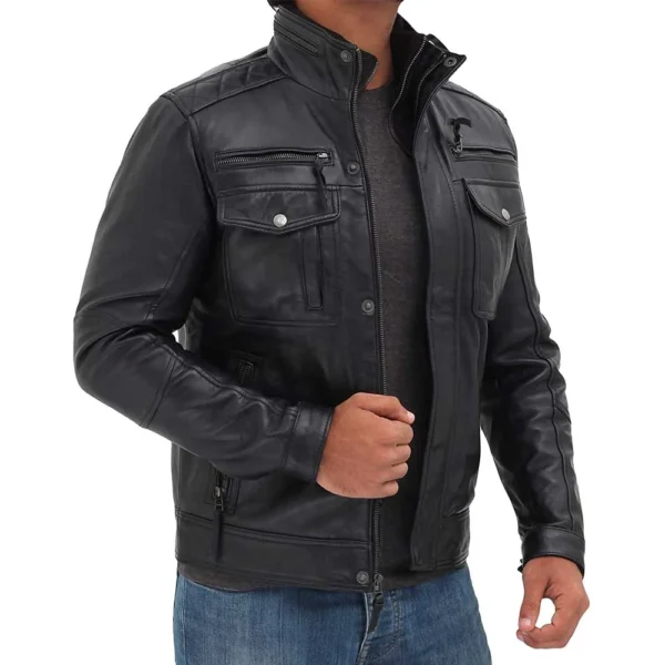 Moffit Black Leather Motorcycle Jacket Men - Image 2