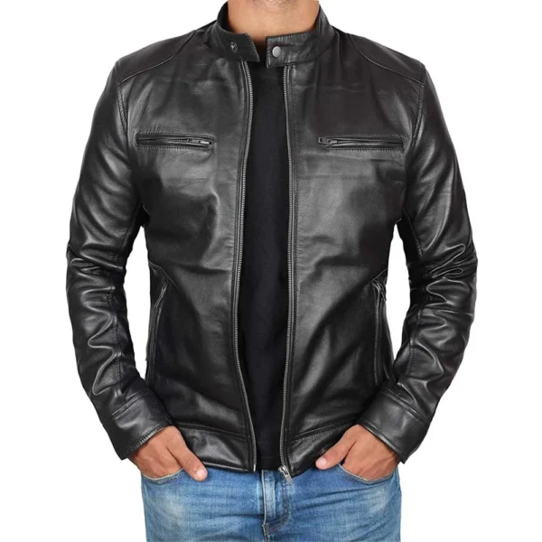 Dodge Black Fitted Real Leather Biker Jacket Men’s - Image 2