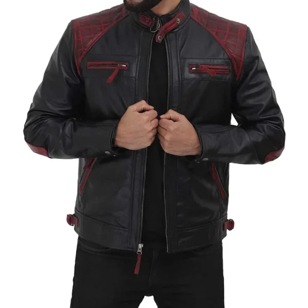 Rollins Black and Maroon Lambskin Leather Moto Biker Jacket Men - Image 2