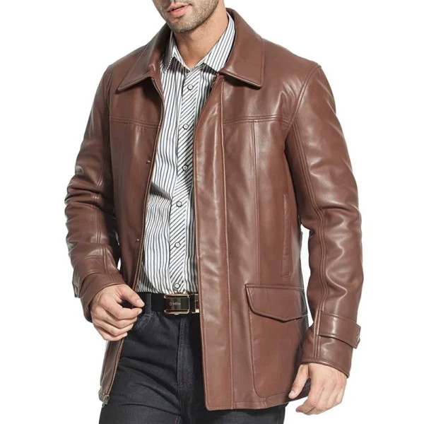 Brown Leather Trench Coat Men’s – Lambskin Leather Coats - Image 2