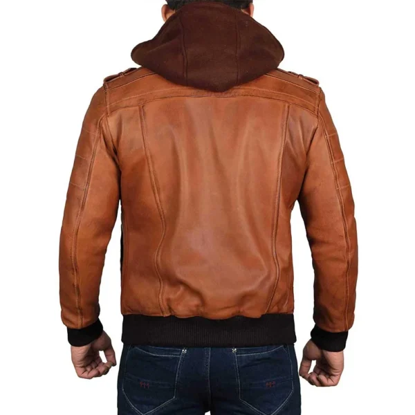 Edinburgh Brown Leather Bomber Jacket With Removable Hood Men - Image 2