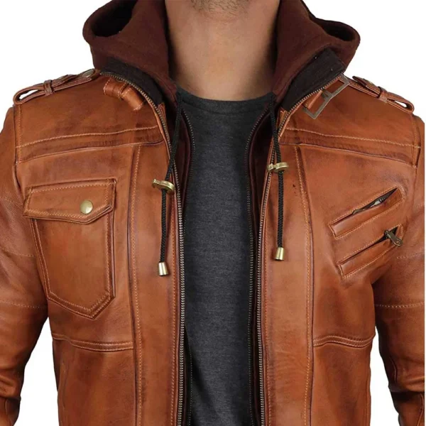 Edinburgh Brown Leather Bomber Jacket With Removable Hood Men - Image 3