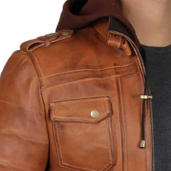 Edinburgh Brown Leather Bomber Jacket With Removable Hood Men - Image 4