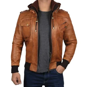 Edinburgh Brown Leather Bomber Jacket With Removable Hood Men